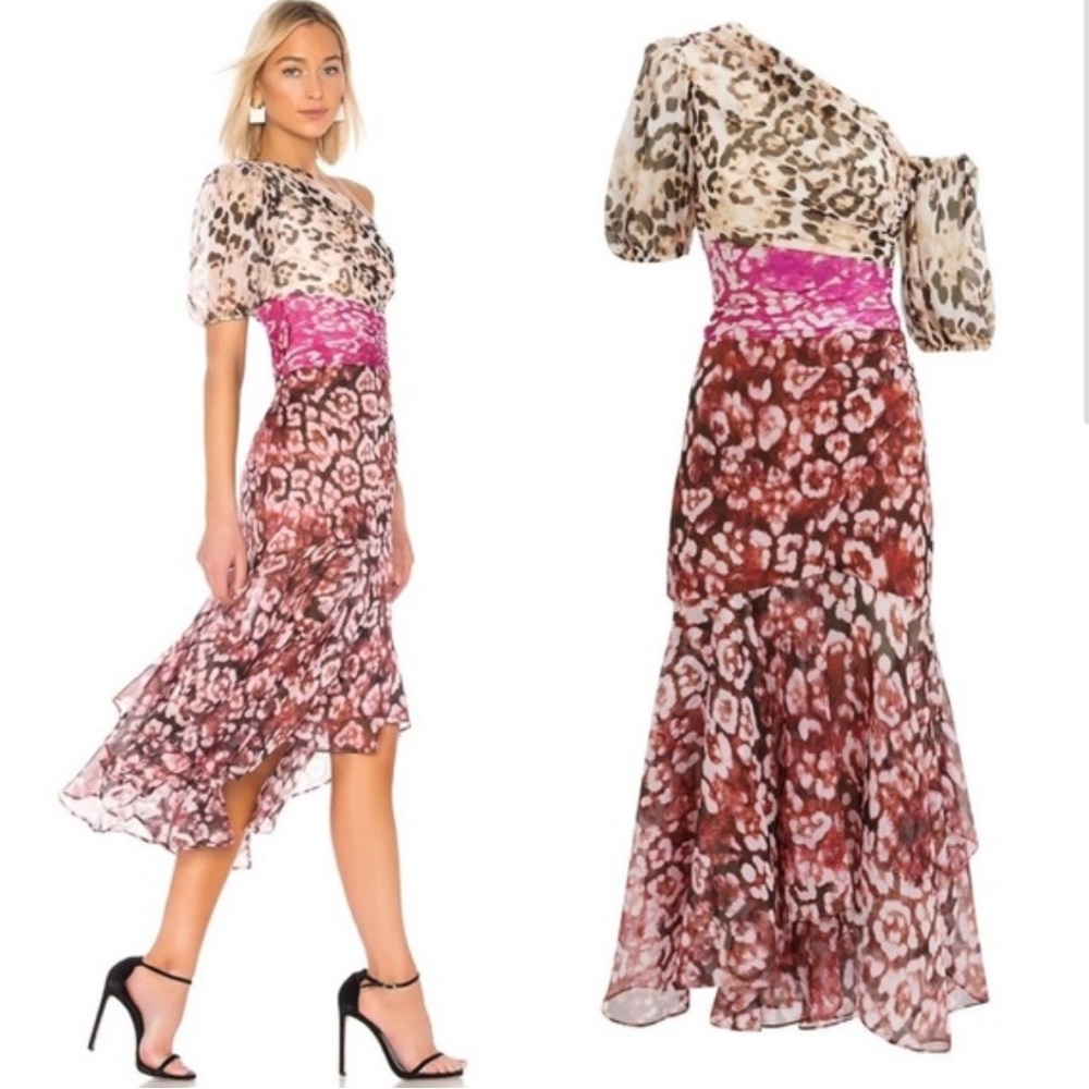 AMUR Jaylah Leopard Print One Shoulder Dress in Neutral Pink Rust